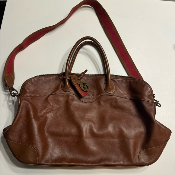 Longchamp Other - Longchamp Brown Leather Travel Bag with Red Strap